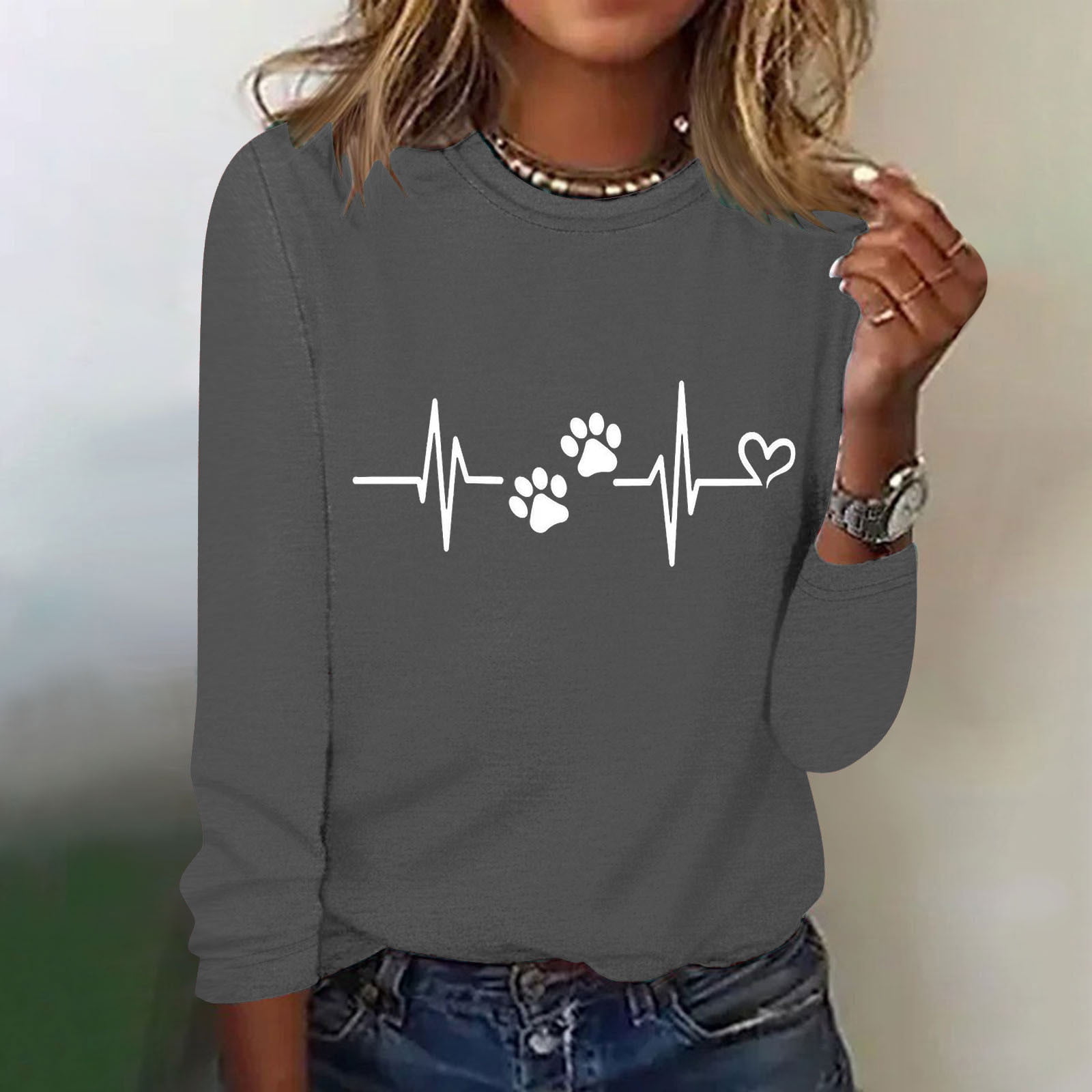 Love Heart Dog Paw Print T Shirts Women Long Sleeve Pullover Tops Casual Blouse Heartbeat Graphic Dog Mom Gift Tees
