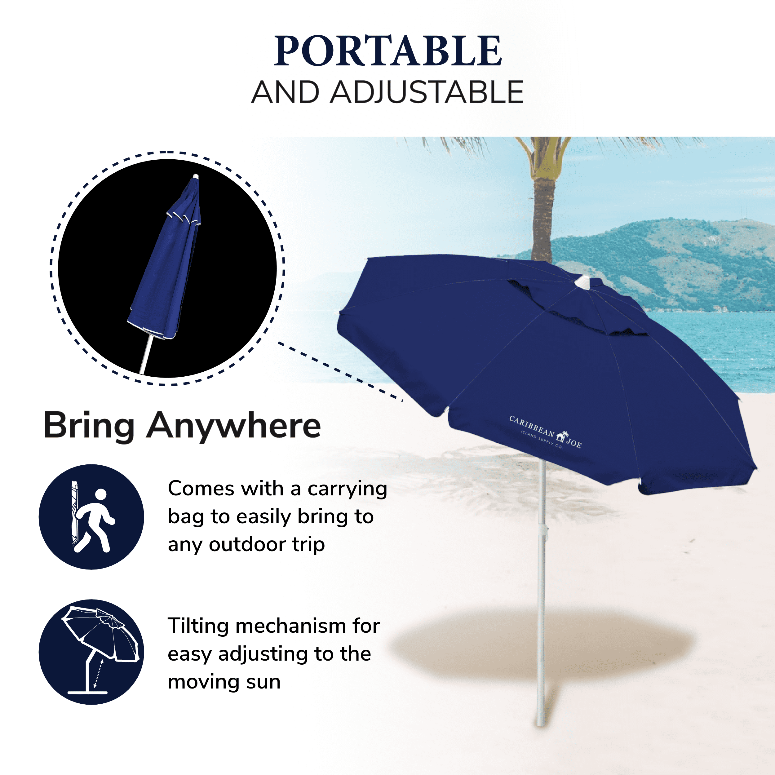 Caribbean Joe 6.5ft Beach Umbrella with UV Protection and Matching Case