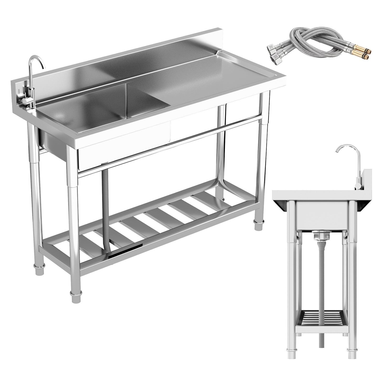 Commercial Kitchen Sink, 304 Commercial Stainless Steel Sink with Single Bowl Basin, Free Standing Utility Sink for Outdoor & Garage Cleaning