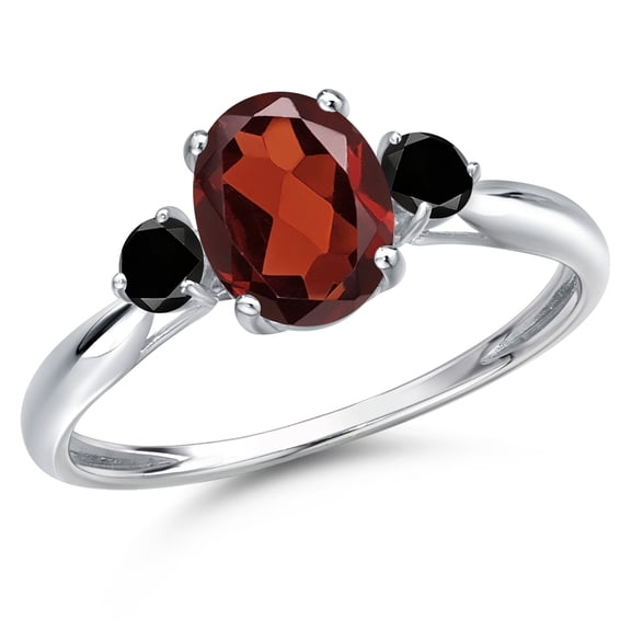 Gem Stone King 10K White Gold Red Garnet and Black Diamond 3-Stone Ring for Women | 1.70 Cttw | Oval 8X6MM | Gemstone January Birthstone | Size 7