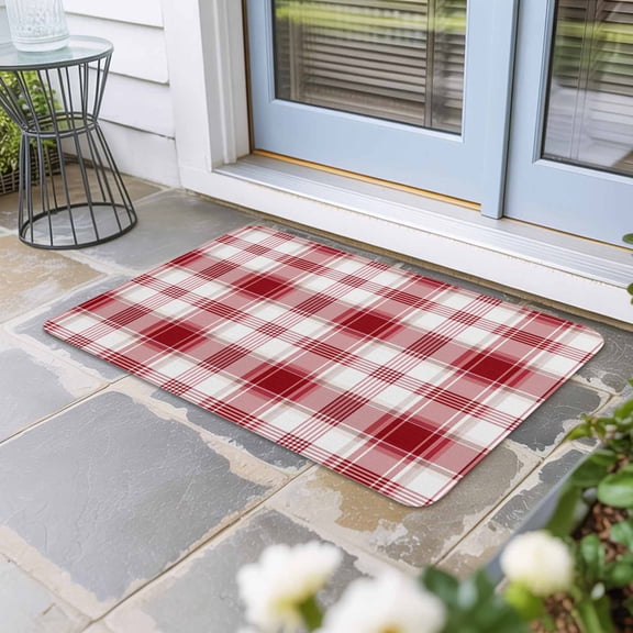 Red Checkered Door Mat Indoor Outdoor, Red White Plaid Farmhouse Non Slip Welcome Mat with Rubber Backing, Absorbent Fabric Front Door Mats Entryway Rug for Home Patio Entrance 20"x31.5"