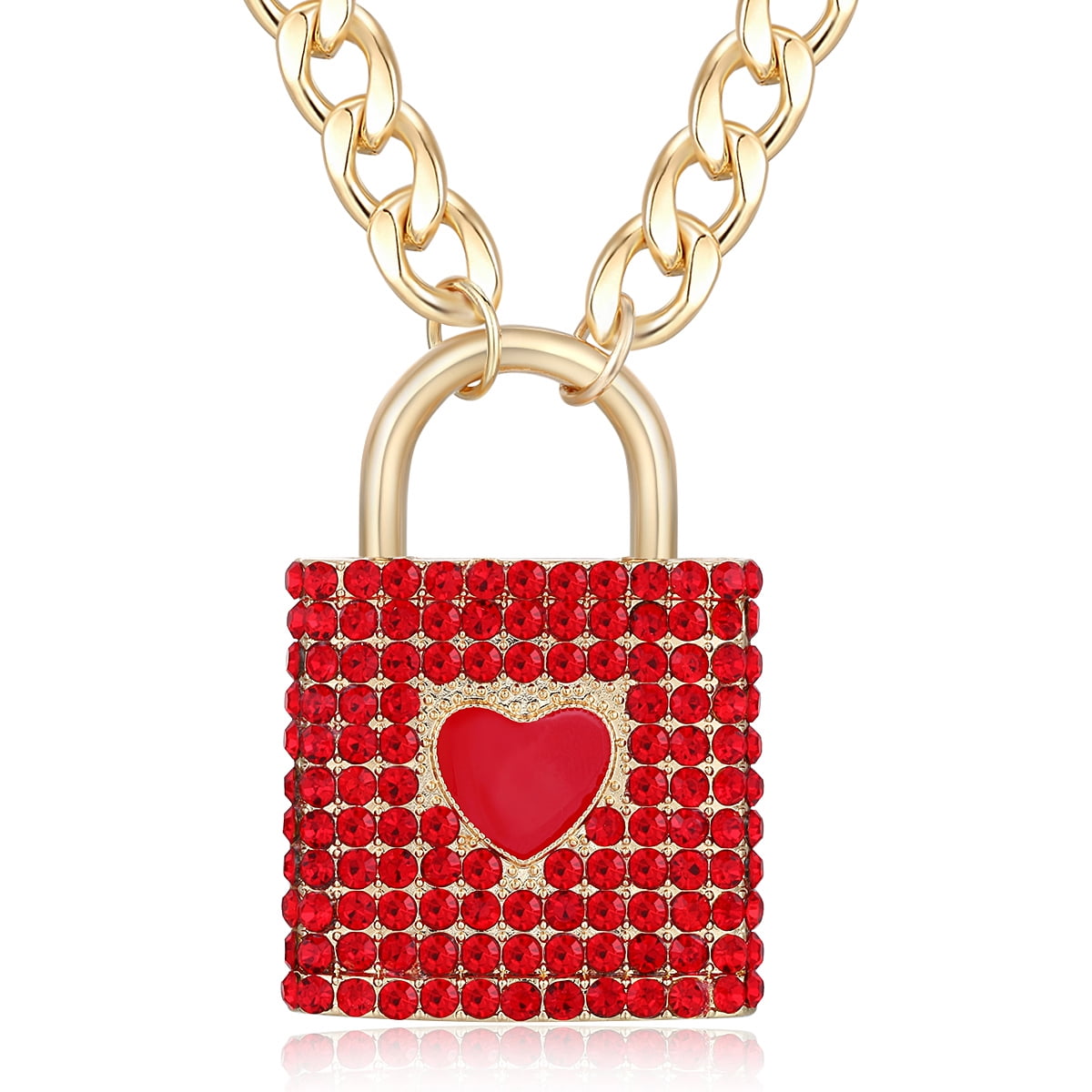 Women's Hip Hop Statement Crystal Chunky Chain Lock Heart Choker Necklace Gold Enamel Costume
