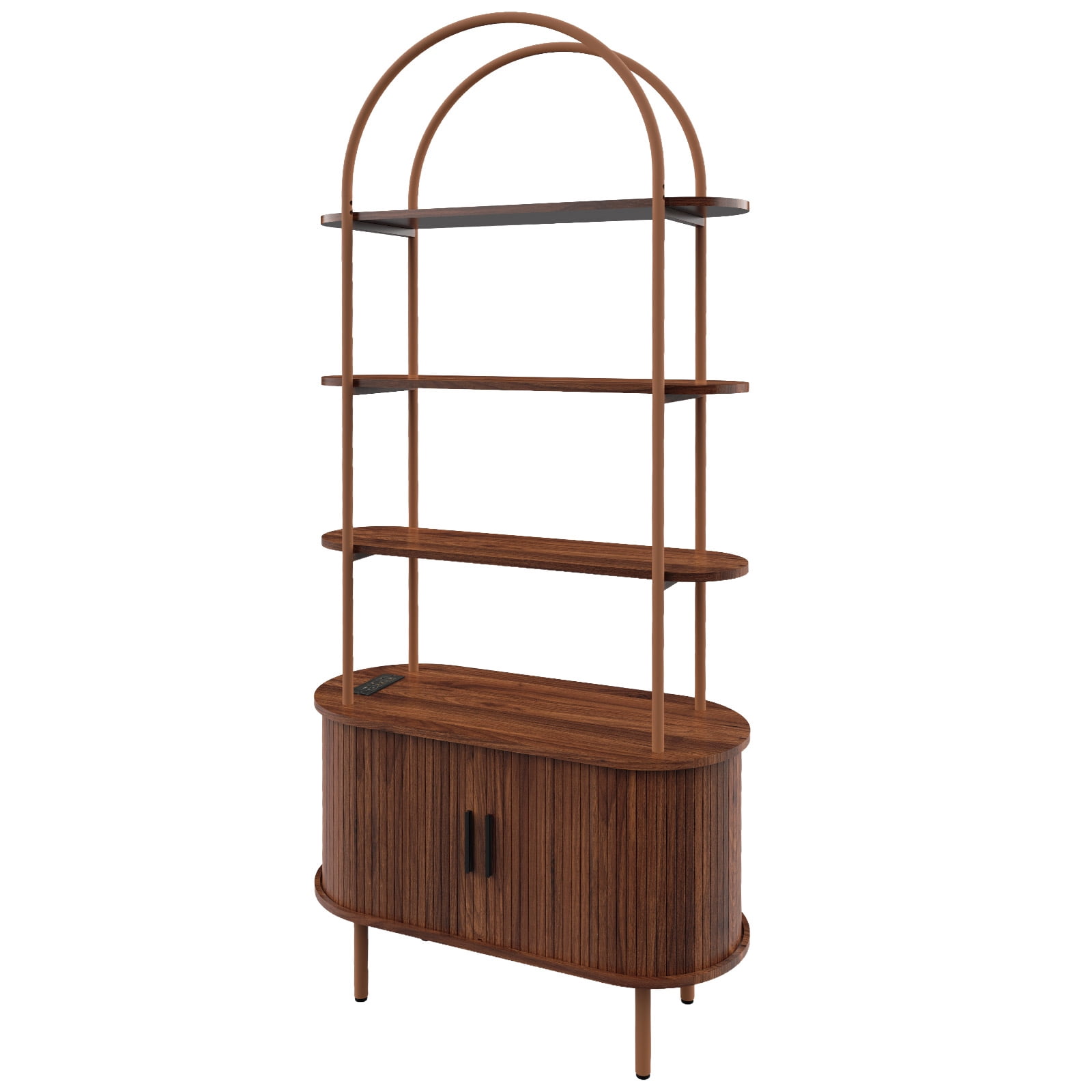 Arched Ceiling + 4-Layer Open Shelving + Double-Door Roller Shutter Display Case Locker with Socket (1USB+1Type-C) & Melamine Veneer & Painted Iron Pipe, 31.5*13.78*70.87in, Walnut