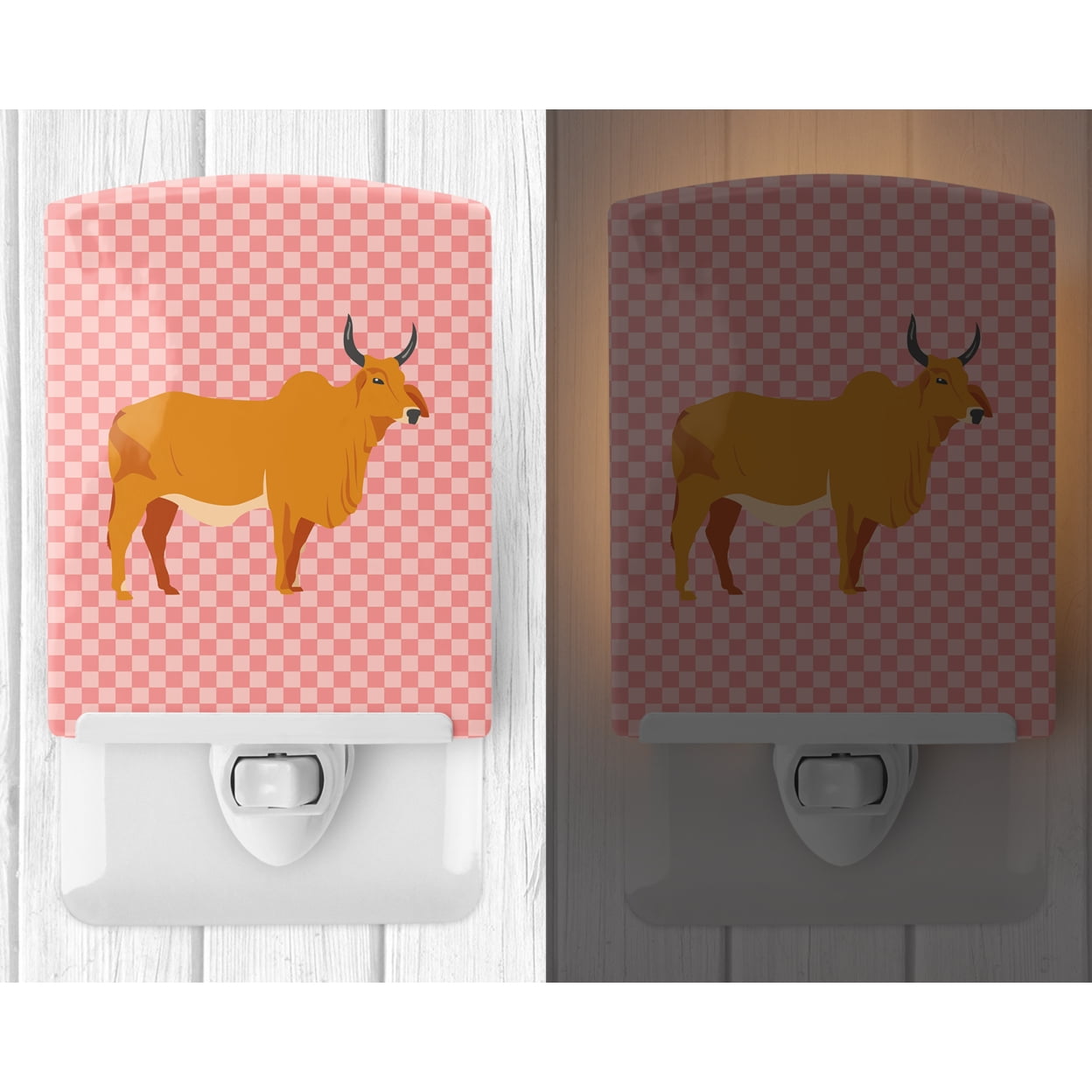 Caroline's Treasures BB7825CNL Zebu Indicine Cow Pink Check Ceramic Night Light, 6x4x3", multicolor