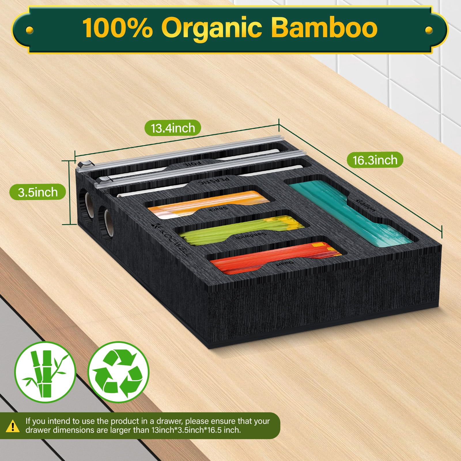 Plastic Wrap Dispenser with Cutter, 6 In 1 Bamboo Foil and Plastic Wrap Organizer for Kitchen Drawer, Food Storage Bag Organizer for Gallon,Quart,Sandwich,Snack(Yellow)