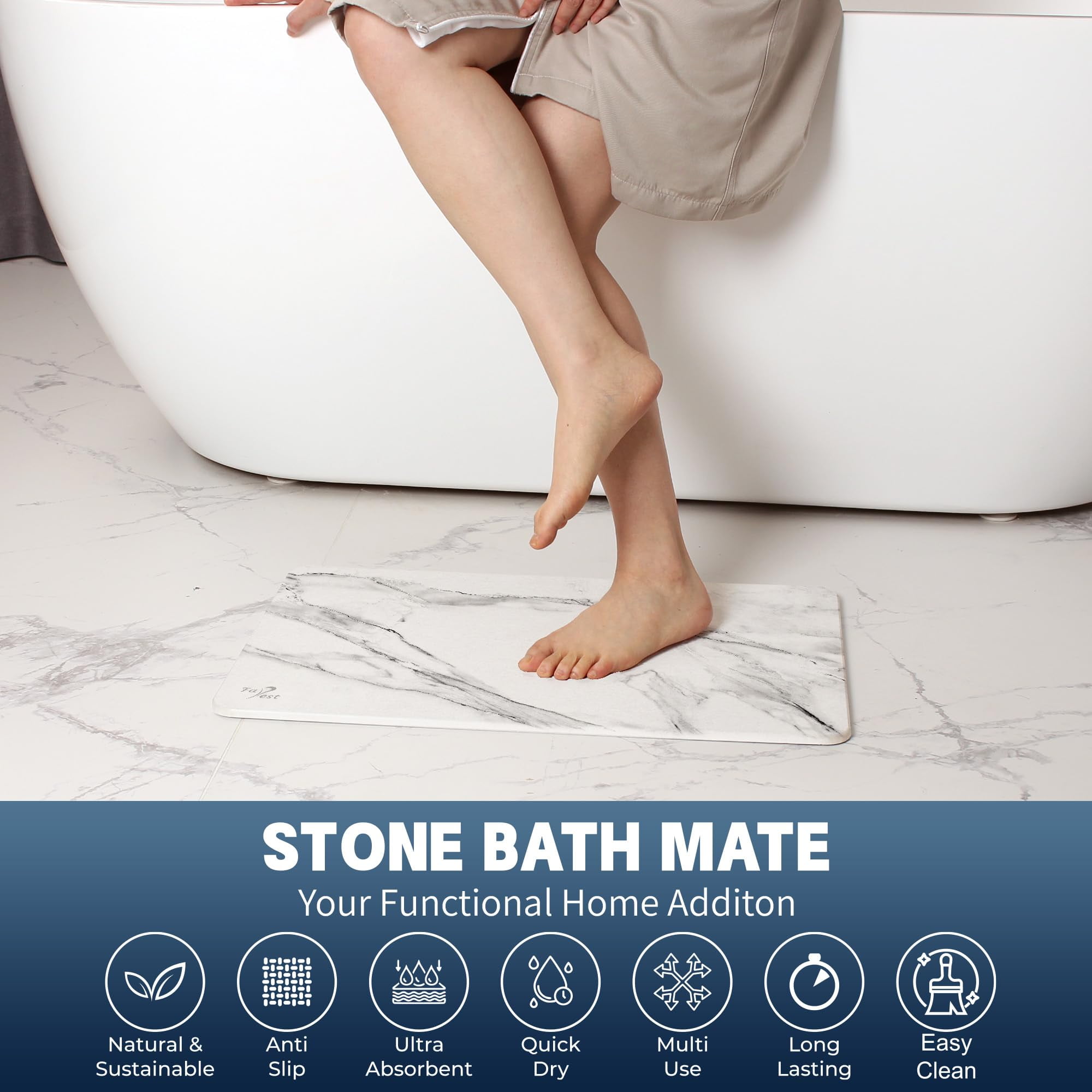 Stone Bath Mat, Diatomaceous Earth Fast-Drying & Absorbent Shower Mat, Non-Slip Diatomite Bathroom Floor Mat for Bathtub, White Marble