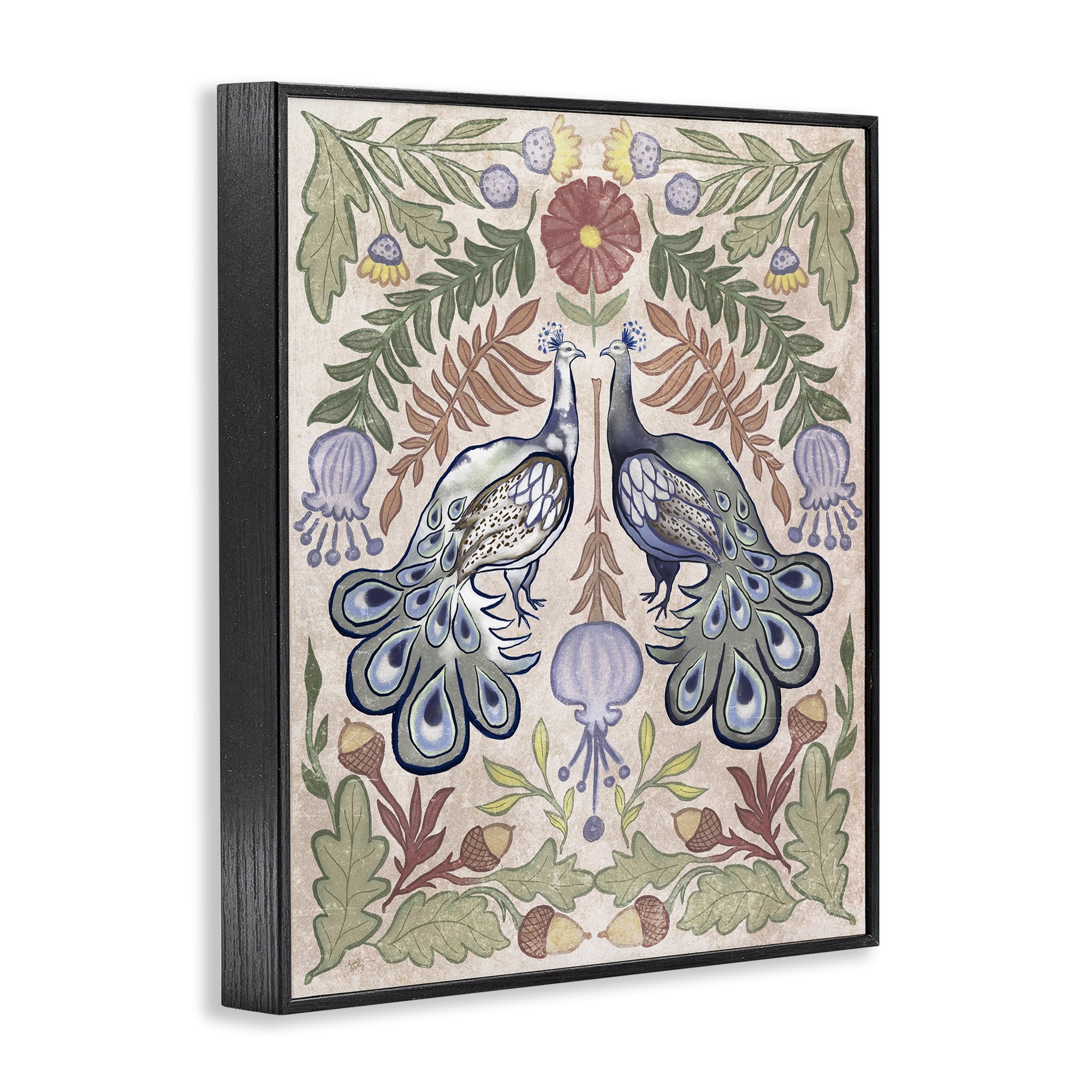 Stupell Industries Symmetrical Peacock & Flower Pattern Black Framed Giclee Art, design by Elizabeth Medley