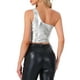 thumbnail image 3 of Top corto metálico para mujer de un solo hombro, ropa de fiesta de Halloween, club, camisetas brillantes holográficas, M plata clara, 3 of 6