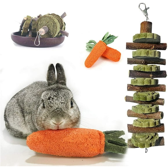 Walbest Rabbit Chew Toys for Teeth Grinding, No Glue, Loofa Carrot Toys, Alfalfa Cakes and Apple Sticks Toys. for Rabbits, Chinchillas, Guinea Pigs, Hamsters