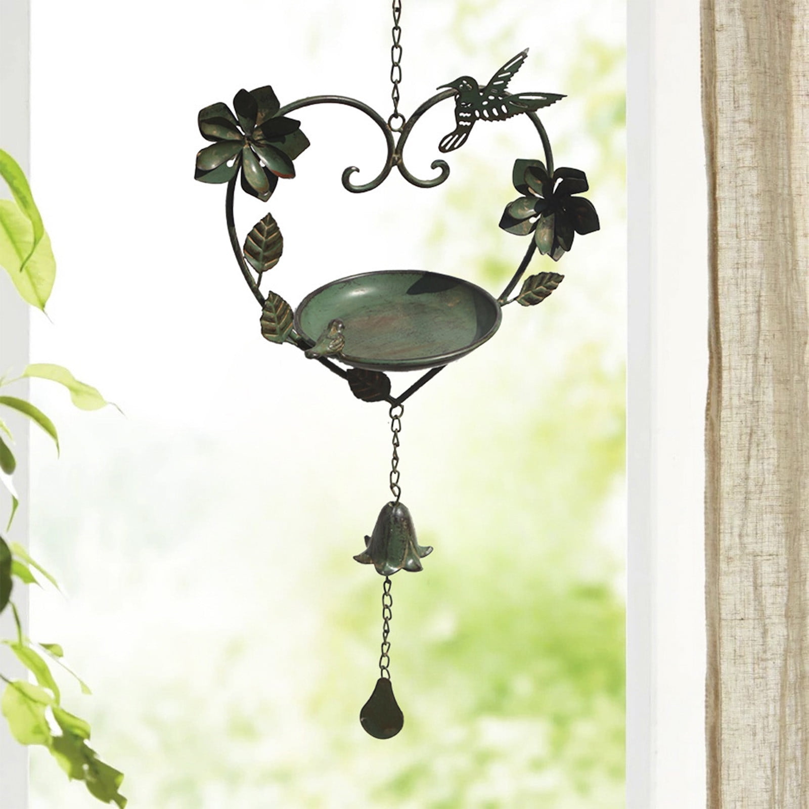 Vintage Iron Heart-Shaped Bird Feeder - Green Metal Feeder with Bells, Rustic Outdoor Decor for Garden, Porch, Patio, Attracts Wild Birds, Cute Bird-Shaped Hanging Ornament, 31.9*12.6in, Green