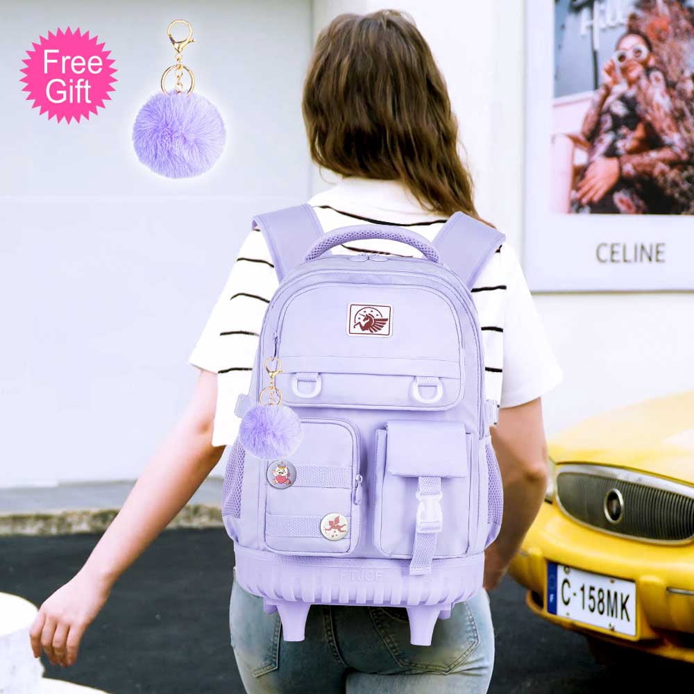 AGSDON Rolling Backpack for Girls Women, 21 inch Roller Wheels School Bookbag, Wheeled Suitcase Backpacks with Lunch Bag for Teen - Purple