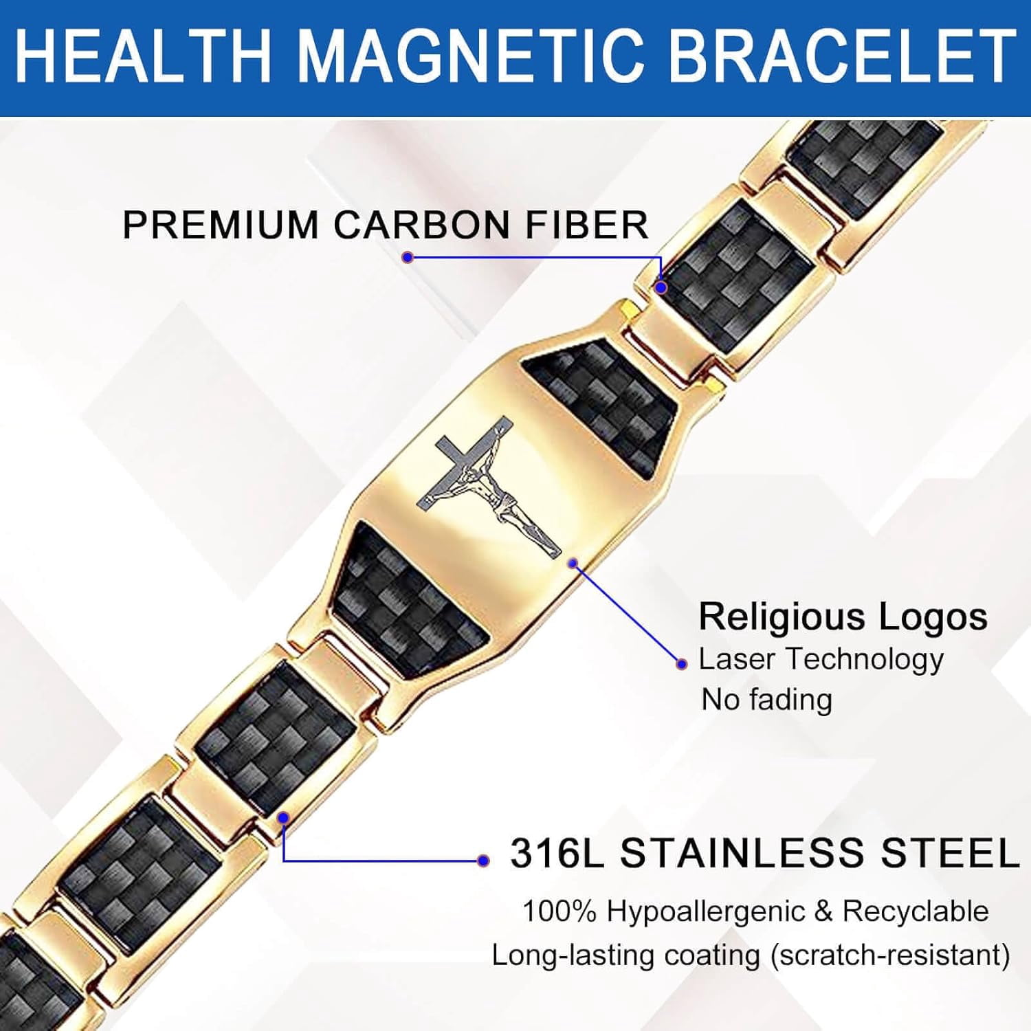Wollet Stainless Steel Black Carbon Fiber Bracelet For Men, Crucifix Christian Religious Gift, Gold