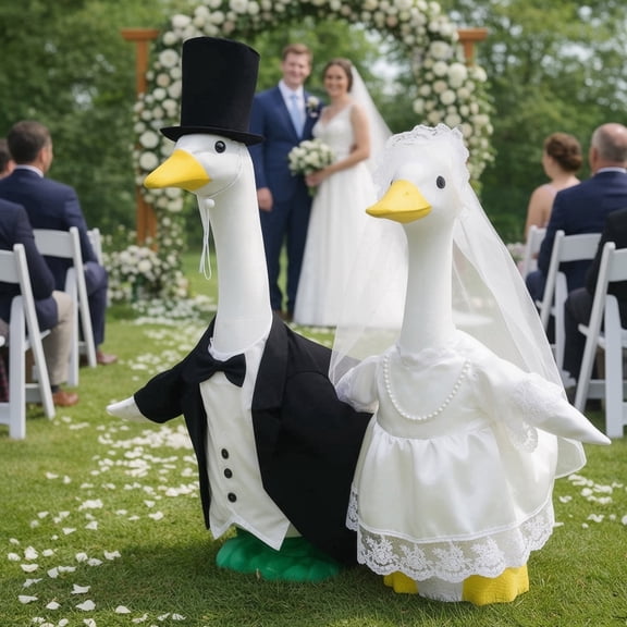 AZXY Wedding Porch Goose Outfit Set - White Satin Bride Dress with Lace Trim & Veil, Costume for 23" Lawn Goose Statue, Perfect for Wedding Season Outdoor Patio Yard Decor