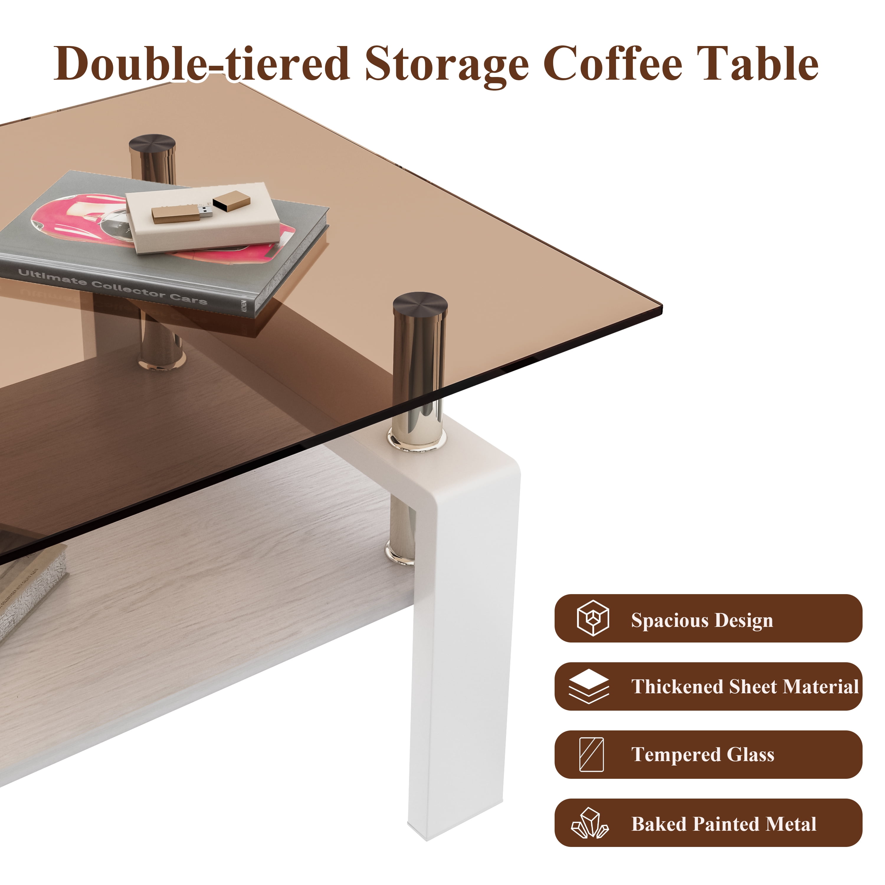 MAYEERTY Rectangle Coffee Table with Brown Tempered Glass & MDF Shelf
