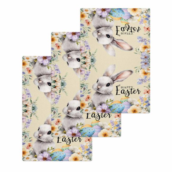 Happy Easter Kitchen Dish Towels for Drying Dishes Set of 3, Spring Grey Bunny Colorful Eggs Flower Brown Waffle Weave Microfiber Hand Tea Bathroom Towels Quick Dry & Absorbent Towel 15.7x23.6