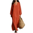 thumbnail image 3 of Women's Linen Blend Long Sleeve Maxi Dress with Side Slit Solid Color Loose Fit Beach Dress for Fall & Spring, 3 of 7