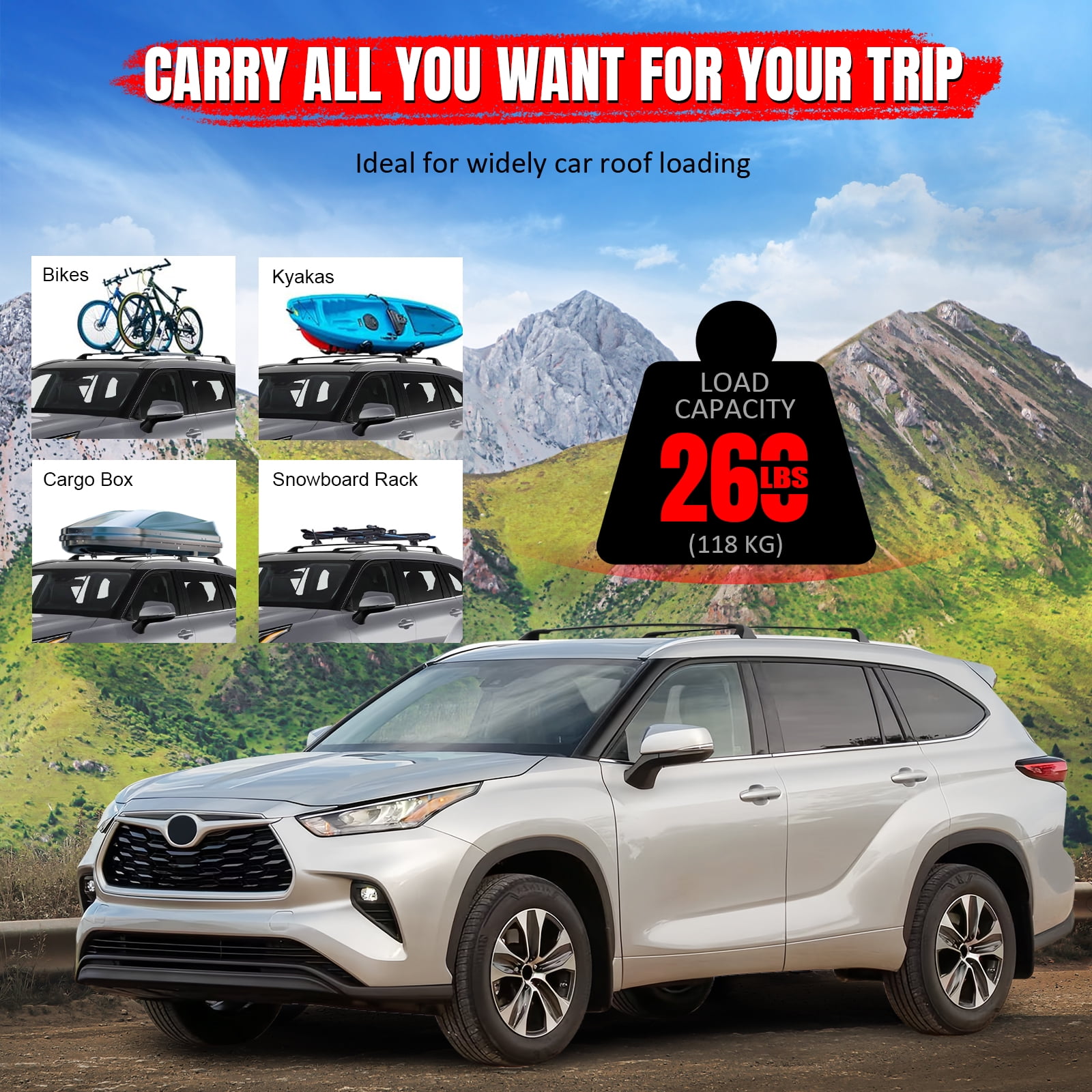 Ikon Motorsports Roof Rack Compatible With 2020-2025 Toyota Highlander, Black Top Roof Rack Cross Bar Cargo Luggage Carrier Aluminum W/ Locks 2PCS