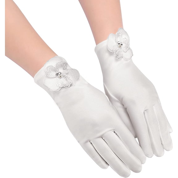 PIKADINGNIS Women Bridal Wedding Gloves Satin Short Opera Gloves Pearl Wrist Banquet Dress Gloves Fancy Party Floral Gloves