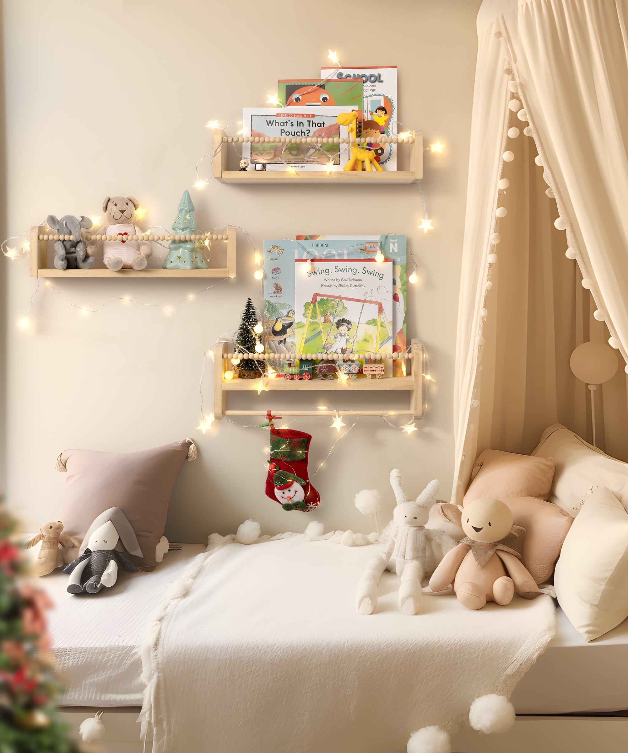 SUMGAR  Nursery Floating Shelves for Wall Set of 3 16in, Kids Bookshelf Toy Storage Organizer Natural Wood Shelves Wall Mounted for Kids Room, Bedroom and Kitchen