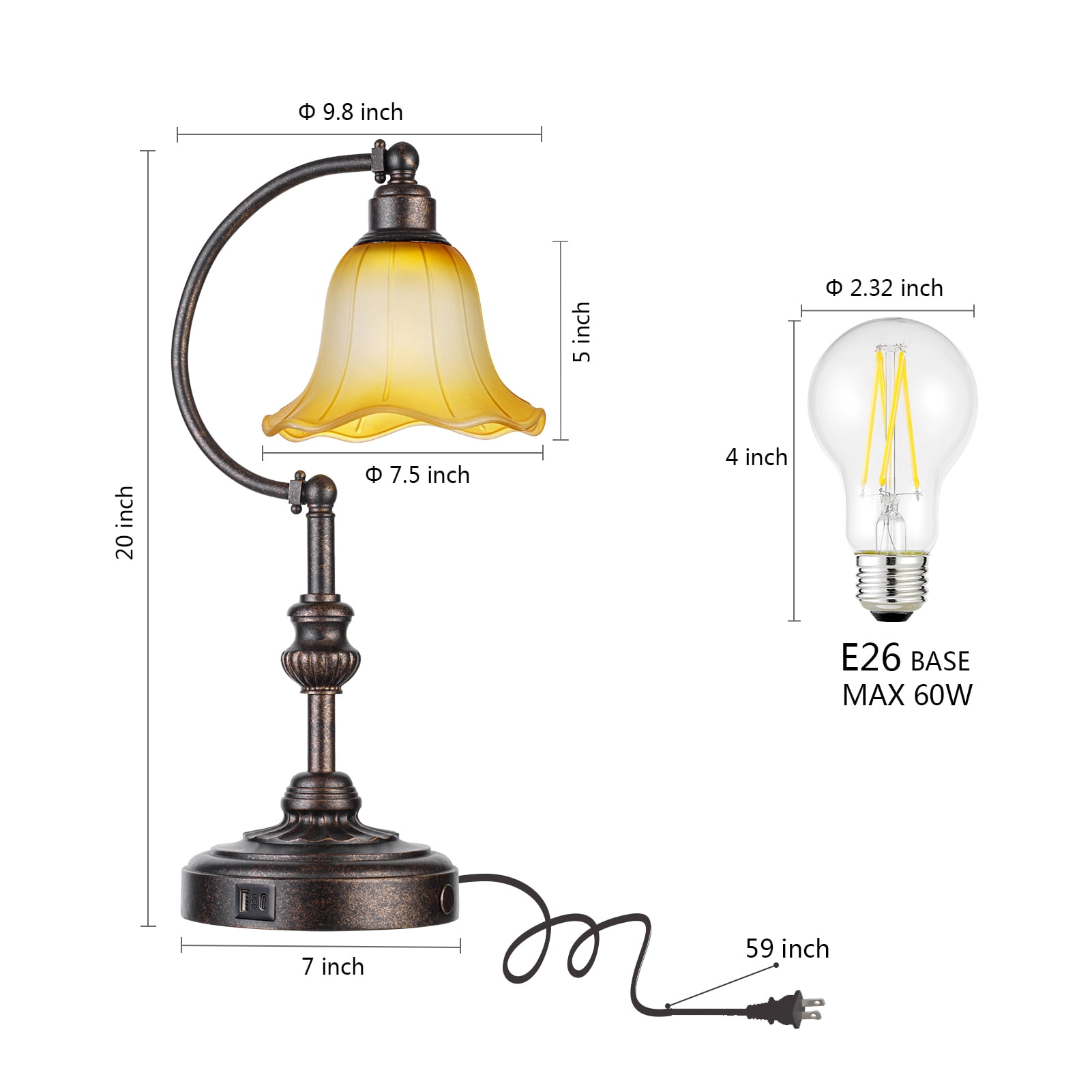RORIA Rustic Farmhouse USB A+C Charging Port Touch Table Lamps, 3-Stage Dimmable Bedside Lamp 20", Amber Vintage Glass Lampshade for Living Room Bedroom Nightstand