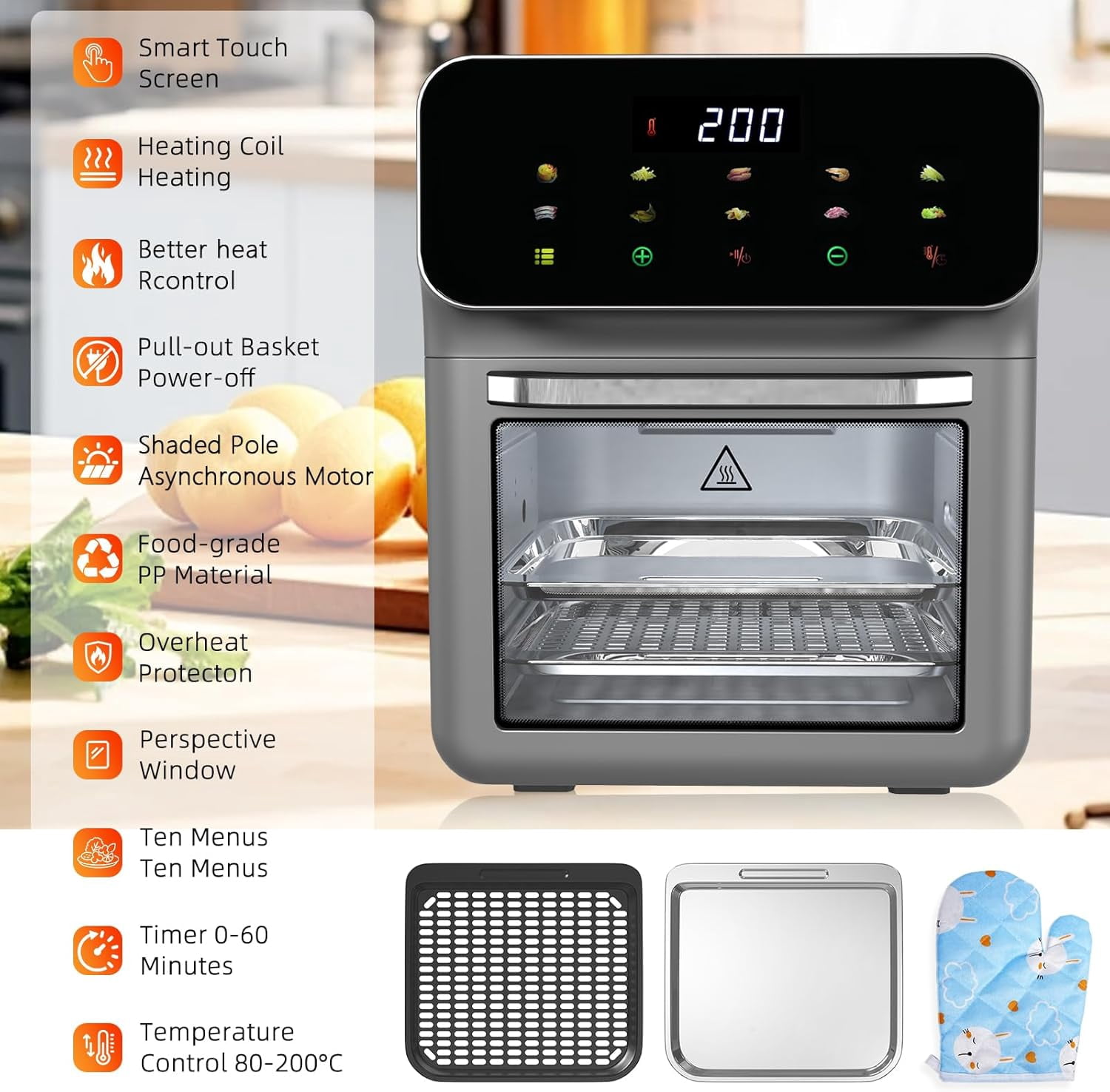 Air fryer desktop convection oven, transparent door and glass window; Timer function, controlled by digital LED touch screen with automatic shutdown function, air fryer with 10 liter capacity for oil