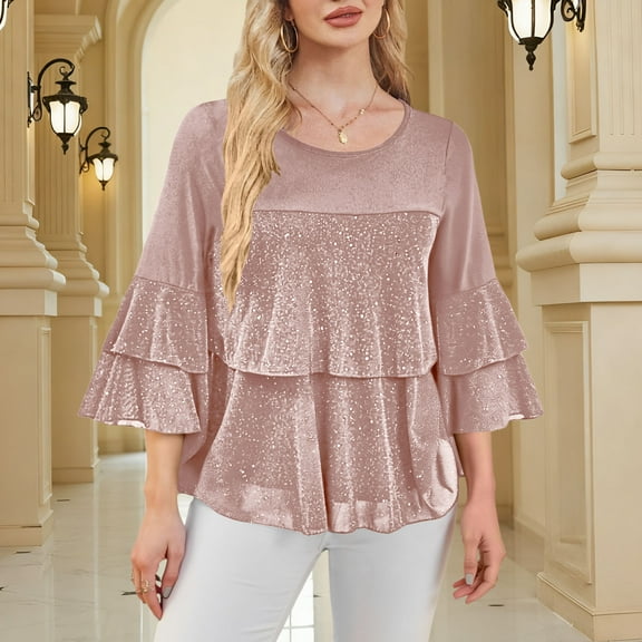 Karight Womens Dressy Sparkly Tops Ruffle 3/4 Sleeve Elegant Dressy Blouses Crew Neck Double Layers Mesh Tunic Top Holiday Shirt