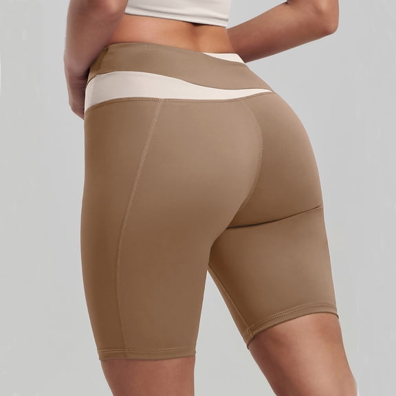 YueHuiYing Women's Biker Shorts: 8" Tummy-Control Workout Shorts with Pockets High-Waisted for Yoga Running and the Gym Coffee S