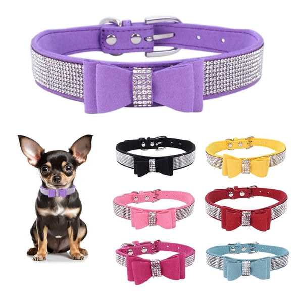 Mumup Rhinestone Bowtie Dog Collar for Girls Boys,Cute Dazzling Sparkling Soft Suede Leather Pretty Bling Cat Collars Crystal Diamond Pet for Small Medium Large Puppy Kitty Female Male