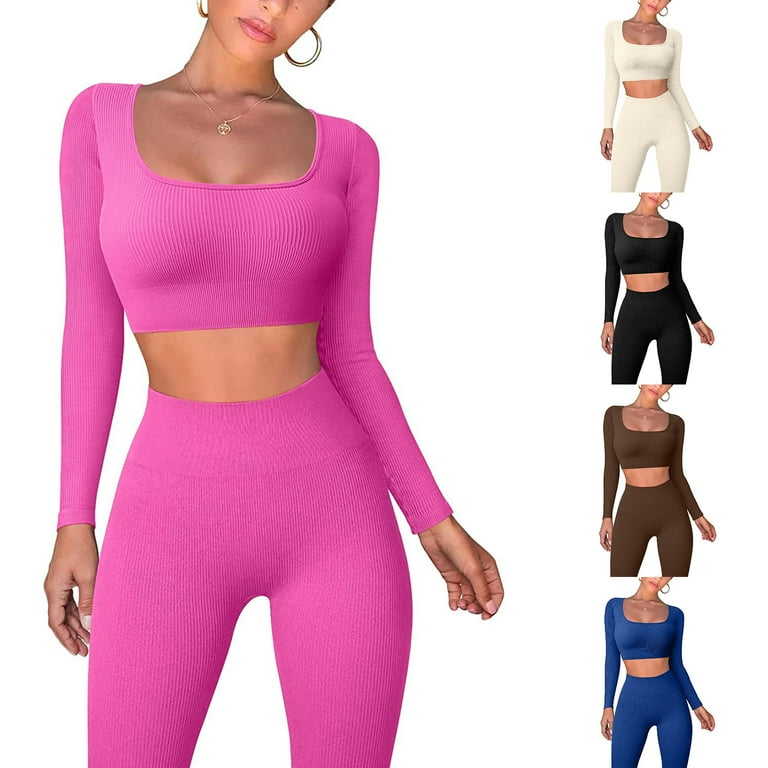 Women's 2 Piece Tracksuit Workout Outfits Set - High Waist Leggings and  Crop Top 