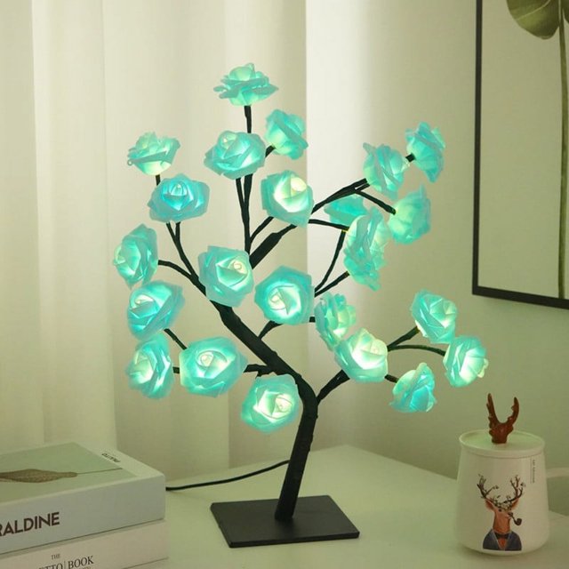 Luces de colores con explosiones, base de plástico extraíble, interruptor USB, luces LED de simulación de árbol de rosas, luz nocturna decorativa
