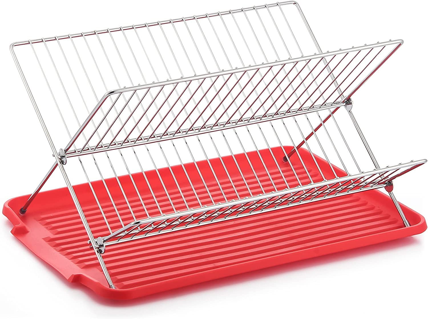 J&V TEXTILES Foldable Dish Drying Rack with Drainboard, Stainless Steel 2 Tier Dish Drainer Rack, Collapsible Dish Drainer, Folding Dish Rack for Kitchen Sink, Countertop, Cutlery, Plates Red
