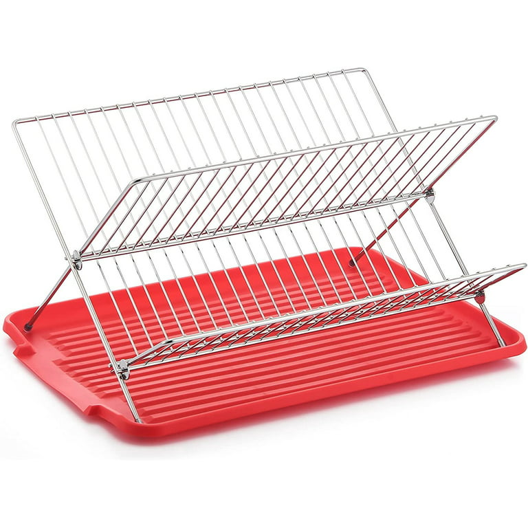 J&V Textiles Foldable Dish Drying Rack with Drainboard, Stainless Steel 2 Tier Dish Drainer Rack, Collapsible Dish Drainer, Folding Dish Rack for