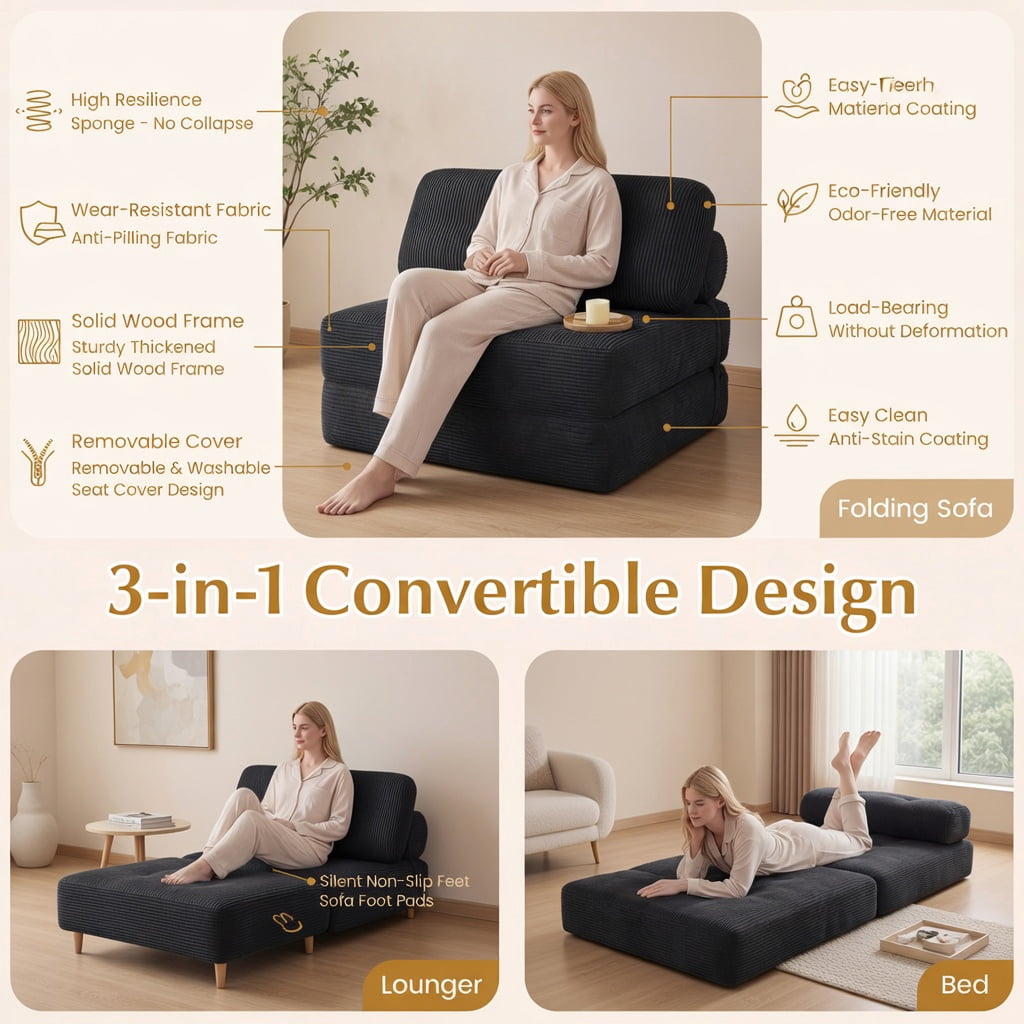 Hommoo 3-in-1 Folding Sofa Bed with Back Support & Pillow, Corduroy Convertible Sleeper for Living Room, Bedroom, Guest Room, Black