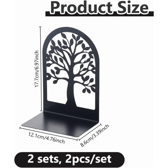 4Pcs 2 Sets Metal Decorative Book End Black Bookend Tree of Life Book Ends Unique Heavy Bookends Books Holder Ornaments Bookends Stopper for Bedroom Living Room Merch Apartment Bookshelf