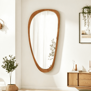Boho Asymmetrical Wall Mirror, 48"x 24" Irregular Solid Wood Frame Decorative Mirror for Entryway, Living Room, Bathroom