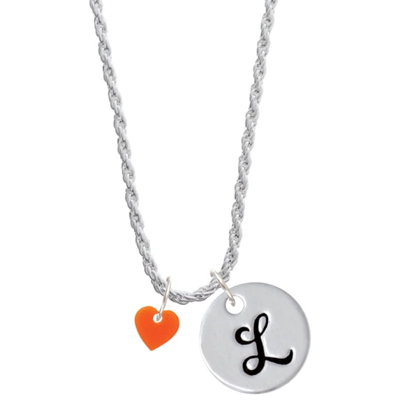 Delight Jewelry Acrylic 5/16" Orange Heart Silvertone Script Initial Disc - L - Charm Necklace, 20"+3"