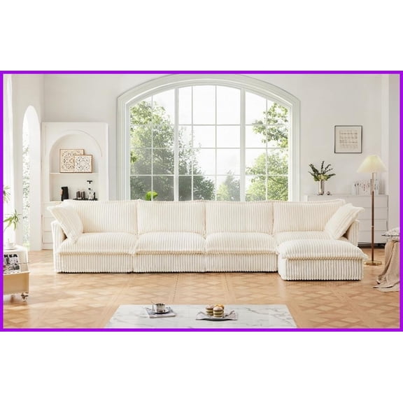Modern Cream Corduroy 4-Seater L-Shaped Sectional Sofa with Removable Covers for Living Room & Apartment