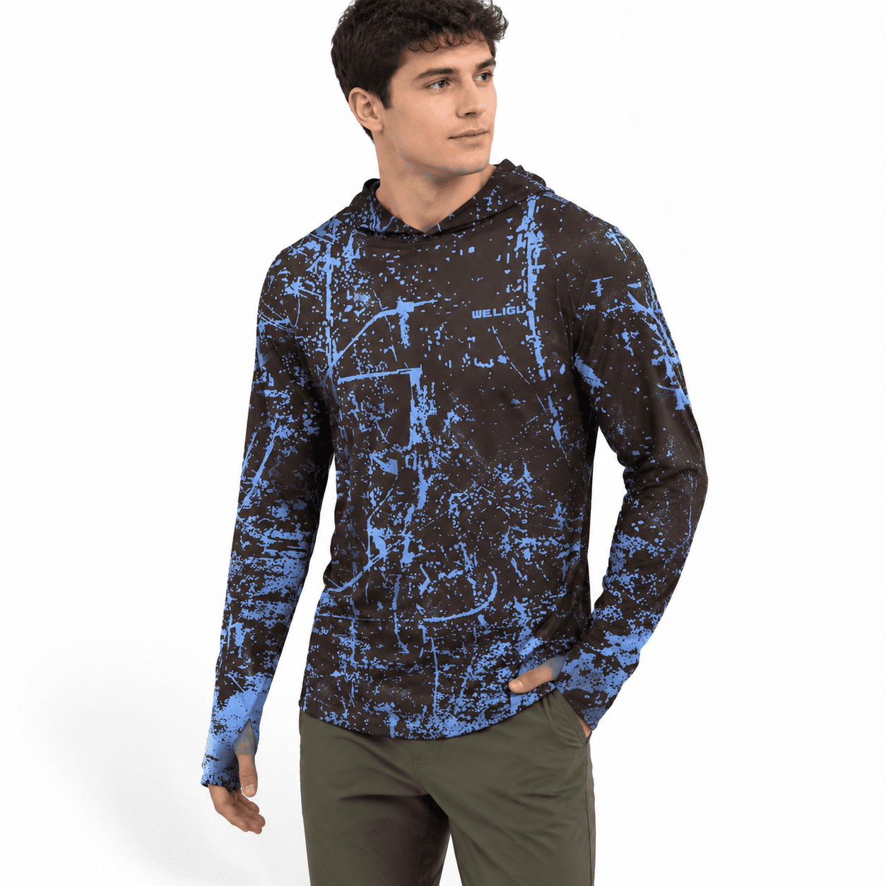A-e-fluorescent Blue Medium Men s UPF 50+ Sun Protection Long Sleeve Hooded Fishing Shirt