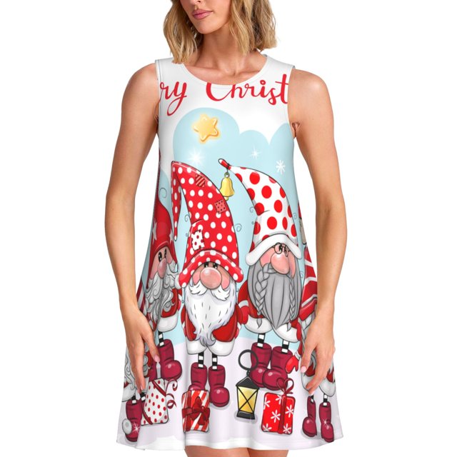 Vsdgher Robes d'Été Imprimé de Noël pour Femmes Robe de Plage Décontractée Col en U Sans Manches Robe d'Été Ample avec Poche