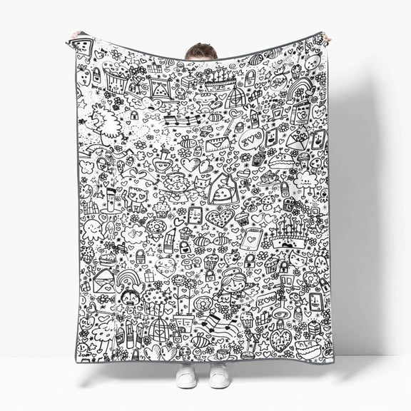 Doodle Coloring Line Flannel Fleece Throw Blanket, Soft Cozy Plush Lightweight Warm, All-Season Decorative Couch Sofa Bed Throw, Cozy Gift for Bedroom Living Room Office Travel