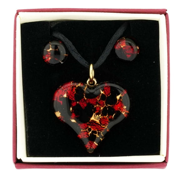 GlassOfVenice Murano Glass Venetian Reflections Heart Necklace and Earrings Set - Black Red