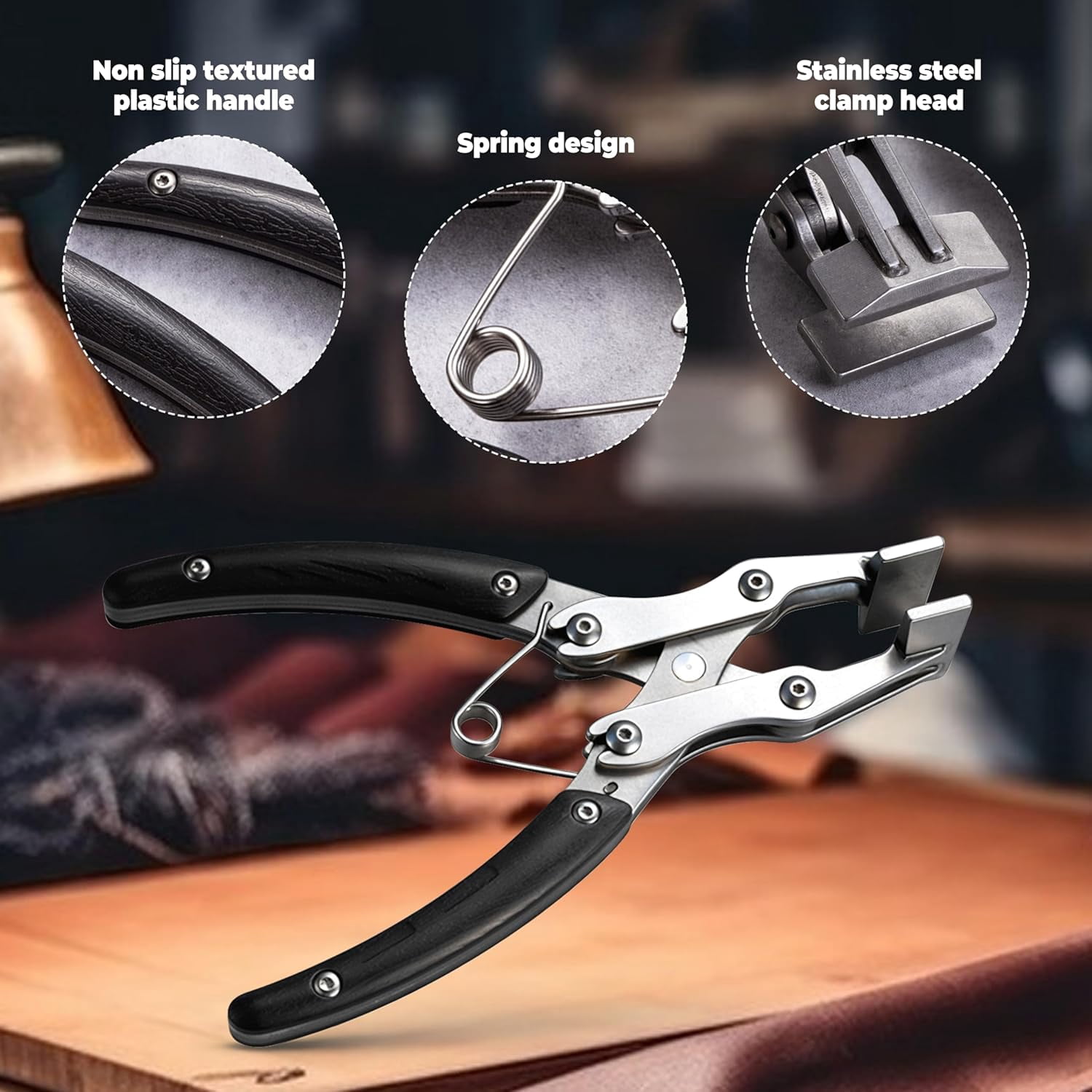 CATPAN Leather Flat Plier 7.5 inch Flat Nose Plier Wooden Handle Leather Work Clamp Press Parallel + Cross Structure for Crafting DIY Projects