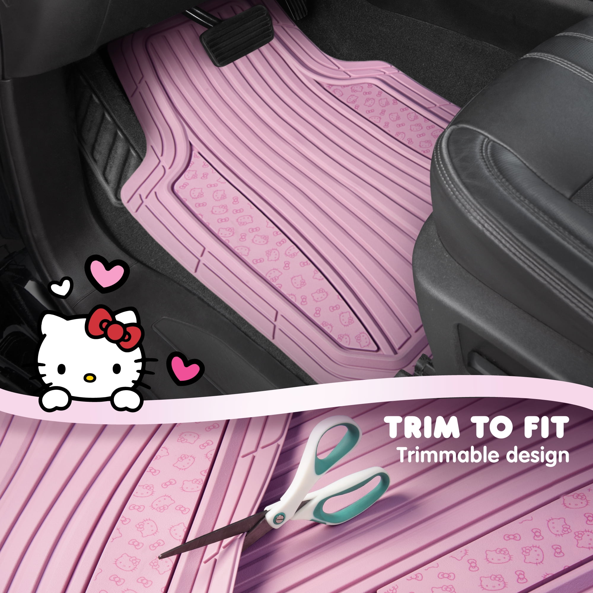 Hello Kitty 4pc Car Mats for Cars, Trucks, SUVs - Pink Rubber Floor Mats for Women & Men, Heavy Duty Non-Slip Front & Rear Mats, Cute Hello Kitty Car Accessories, Pink/Pink