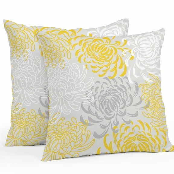 Outdoor Pillow Covers Pack of 2, Yellow Grey Chrysanthemum on Vintage Waterproof Throw Pillowcase Cushion Cases, Summer Flower Decorative Pillow Cover for Couch Sofa Home Bed Patio