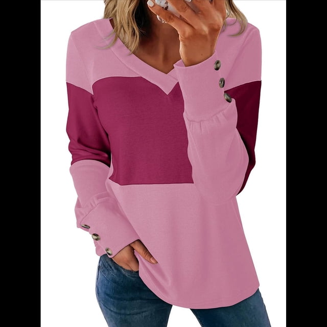 Blusas Elegantes e Informales para Mujer, con Bloques de Color, de Larga y Cuello en V, para Otoño. Melocotón L