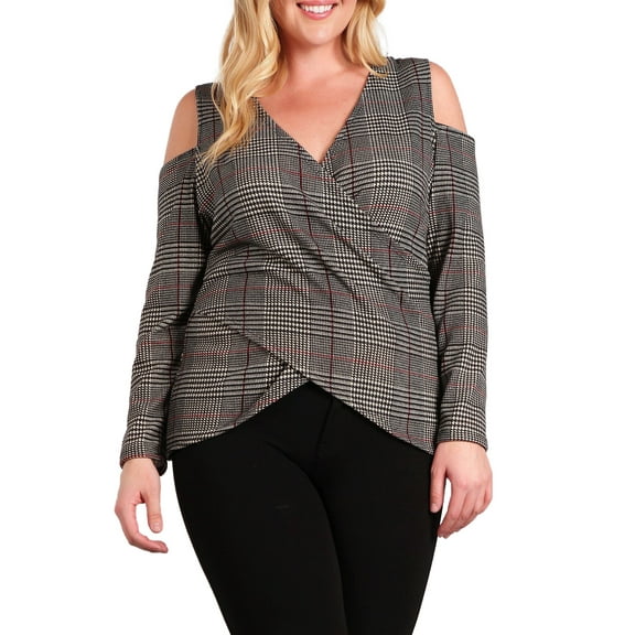 eVogues Plus Size Cold Shoulder Plaid Top