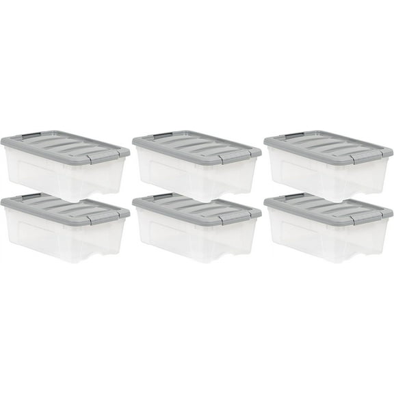 Plastic Storage Containers with Secure Latching Lids, Stackable Organization Bins, Clear/Grey, 12 Quart, Set of 6