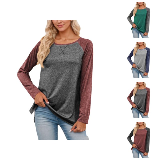 Long Sleeve Shirt Women 2026 Spring Fashion Crewneck Raglan Sleeve Relaxed Fit Color Block Casual T Shirts