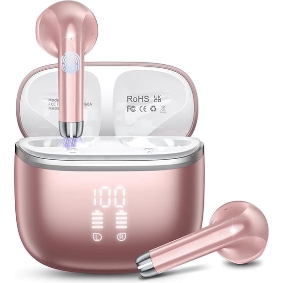 Wireless Bluetooth Earbuds Noise Cancelling in Ear Buds Deep Bass Stereo, 50H Playtime with Mics, LED Display, IPX7 Waterproof Earphones for iphone Android Laptop, Rose Gold
