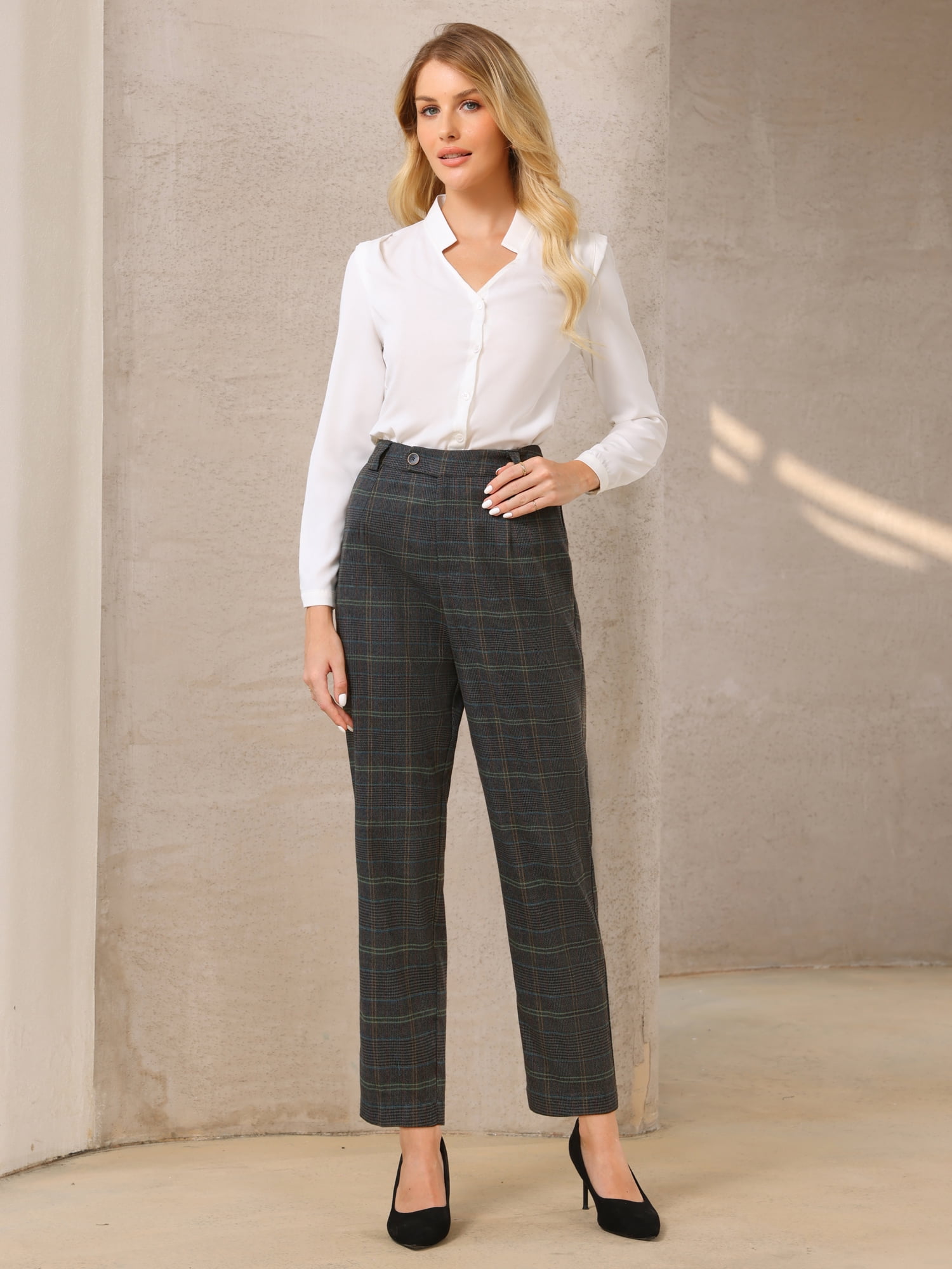 DARING DIVA Women's Plaid Houndstooth Tartan Long Trousers M Dark Grey